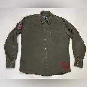 Eden Park Embroidered Flower Button Up Shirt Men Large Olive Green Long Sleeve